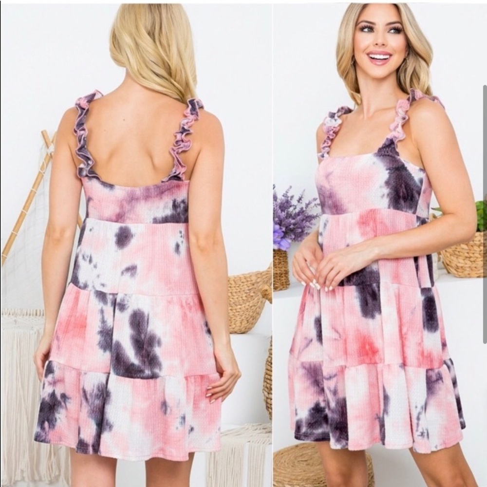 Ruffled straps women’s tie dye cute summer fun ruffled waffle dress - Picture 3 of 3